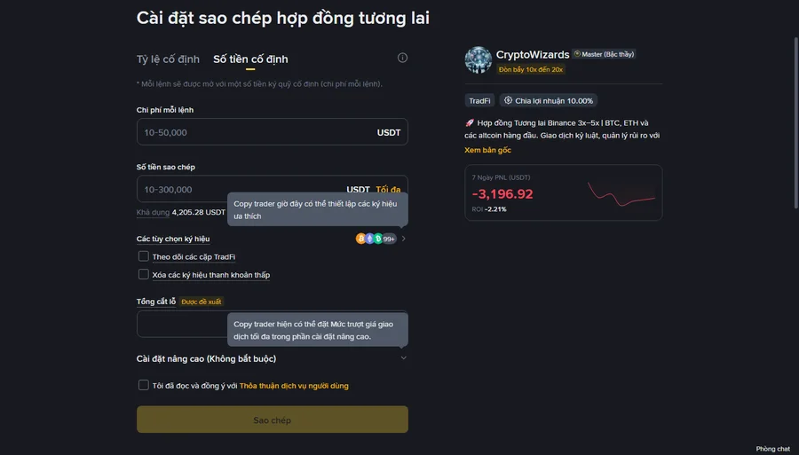 Trang thiết lập copy trade Futures Binance với chế độ Số tiền cố định được chọn