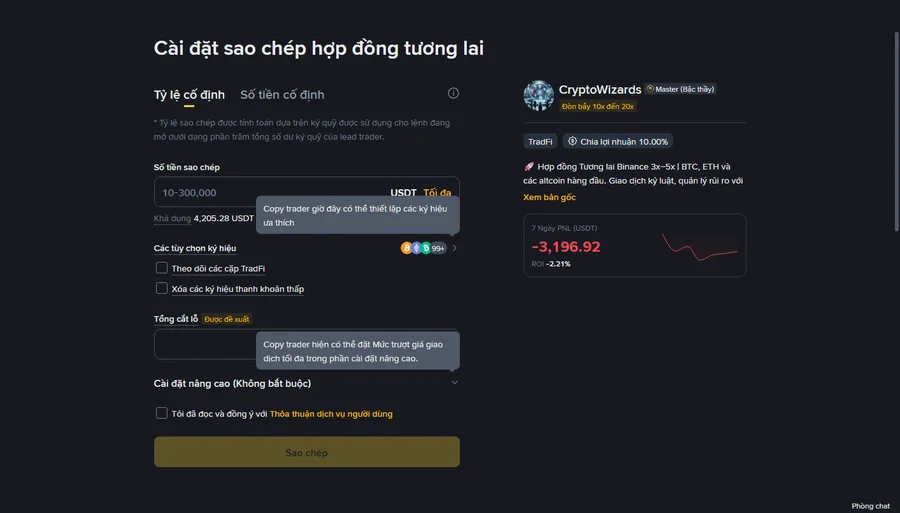 Trang thiết lập copy trade Futures Binance với chế độ Tỷ lệ cố định được chọn, hiển thị ô số tiền và stop-loss danh mục