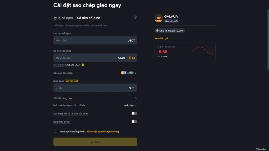 Trang thiết lập copy trade Spot Binance với chế độ Số tiền cố định được chọn