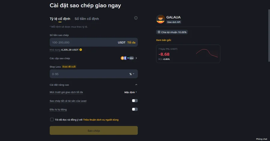 Trang thiết lập copy trade Spot Binance với chế độ Tỷ lệ cố định được chọn, hiển thị cài đặt số tiền và stop-loss