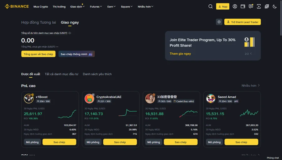 Trang đầu Spot Copy Trading Binance hiển thị bảng xếp hạng lead trader và chỉ số hiệu suất