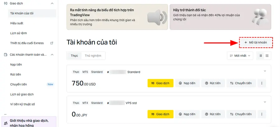 bấm Mở tài khoản