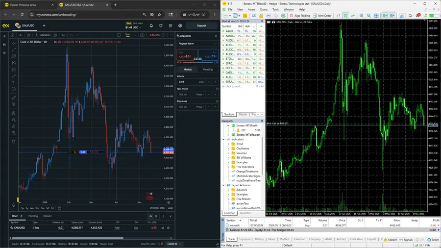 Exness Web Terminal (Trái), Exness MT5 (Phải)