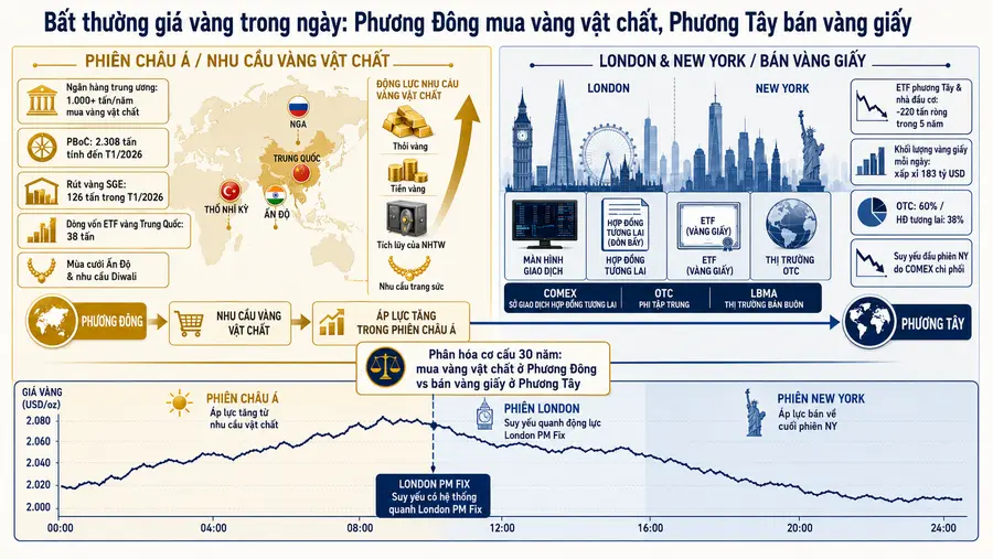 Cấu trúc phân tách cung cầu vàng Đông-Tây: ETF và nhà đầu cơ phương Tây bán ròng 220 tấn trong 5 năm qua thông qua SPDR Gold Trust, trong khi ngân hàng trung ương Trung Quốc, Nga, Ấn Độ, Thổ Nhĩ Kỳ mua hơn 1.000 tấn vàng vật lý mỗi năm — cầu đang dịch chuyển từ vàng giấy sang vàng vật lý