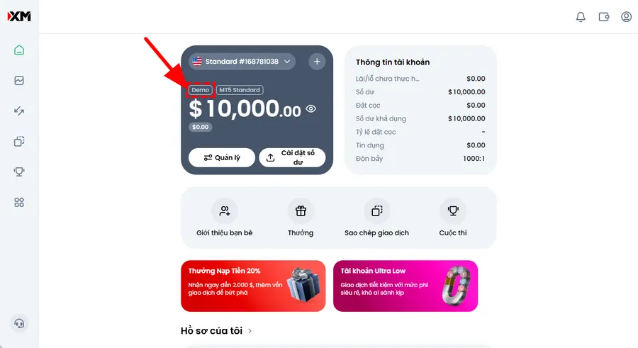 Tài khoản demo xuất hiện