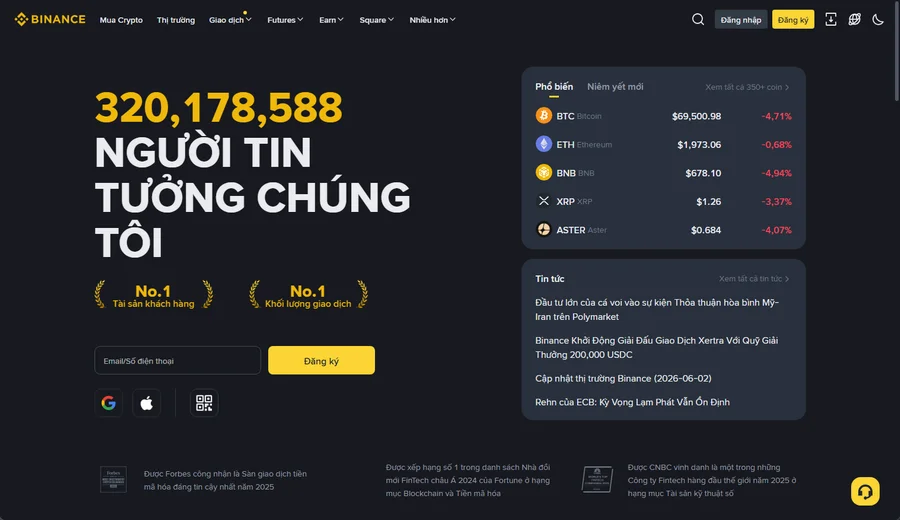 Trang chủ Binance hiển thị nút Đăng ký và hơn 320 triệu người dùng
