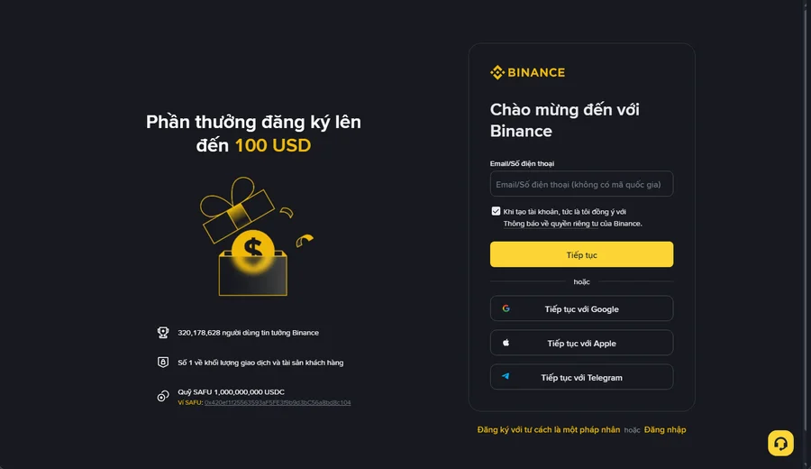 Thẻ đăng ký Binance với ô Email/Số điện thoại duy nhất, nút Tiếp tục và tuỳ chọn Google/Apple/Telegram