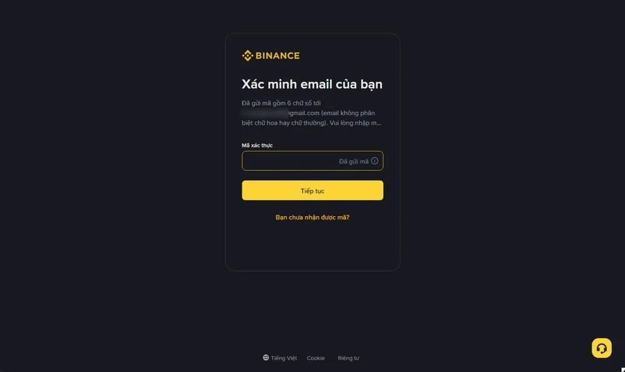 Màn hình Xác minh email của Binance với ô nhập mã 6 chữ số