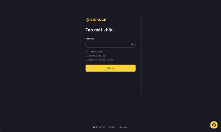 Màn hình Tạo mật khẩu của Binance hiển thị quy tắc 8 đến 128 ký tự, ít nhất 1 chữ số và 1 chữ hoa