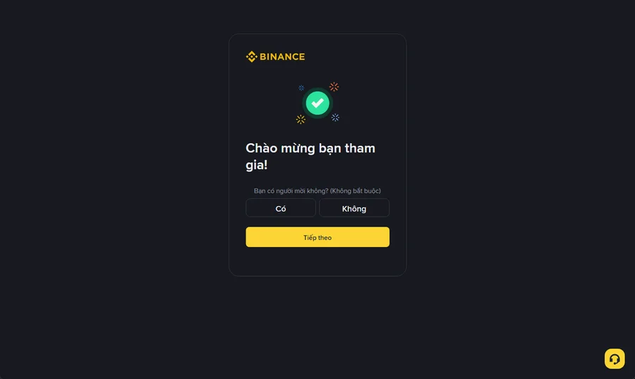 Màn hình Chào mừng bạn của Binance hỏi Bạn có người giới thiệu không với tuỳ chọn Có và Không