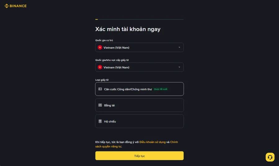 Màn hình xác minh danh tính Binance với menu quốc gia cư trú và các loại giấy tờ CCCD, bằng lái, hộ chiếu