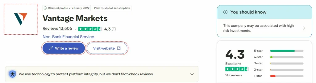 Trang đánh giá Vantage trên Trustpilot hiển thị điểm 4.5/5 và phân bố sao