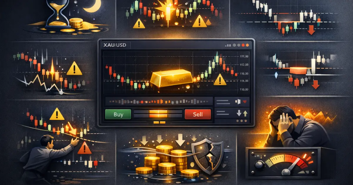 Illustration of gold trading risks including volatility, swap, and leverage