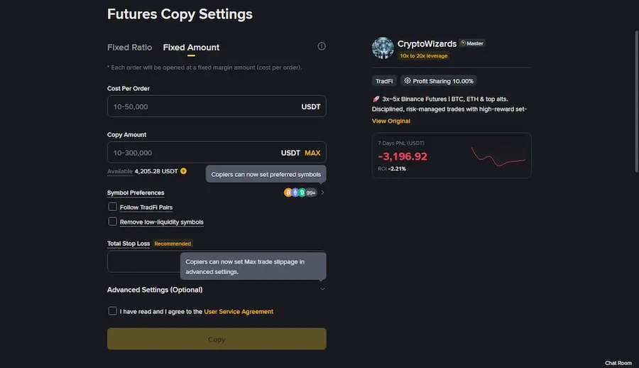 Binance Futures copy trading setup screen with Fixed Amount mode selected