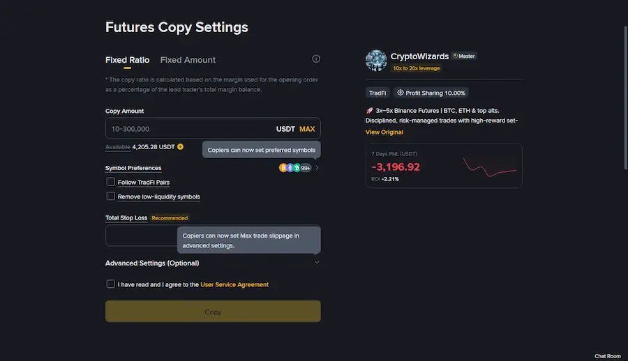 Binance Futures copy trading setup screen with Fixed Ratio mode selected showing allocation amount and portfolio stop-loss fields