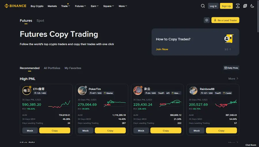 Binance Futures Copy Trading top page showing featured lead traders with ROI, follower count and performance stats