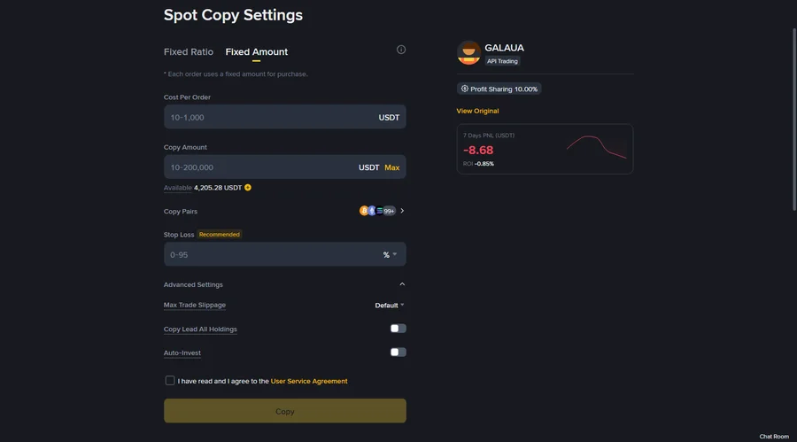 Binance Spot copy trading setup screen with Fixed Amount mode selected