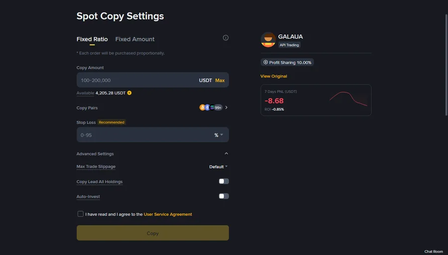 Binance Spot copy trading setup screen with Fixed Ratio mode selected showing allocation and stop-loss settings