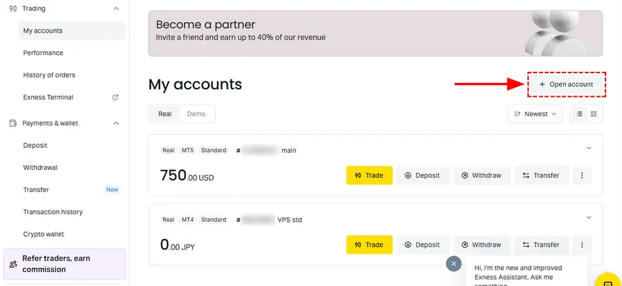 Exness personal area: Open account button on the My accounts tab