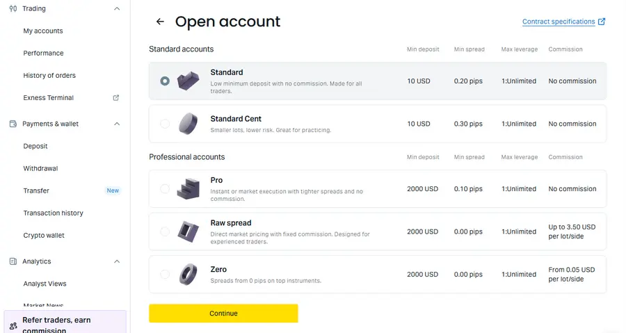 Exness personal area: choose account type screen