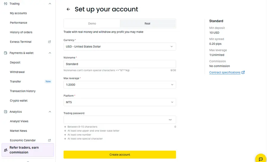 Exness personal area: Set up your account screen