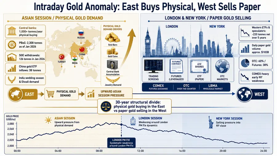 East-West gold flow structure: Western ETFs and speculative players sold 220 tonnes net over 5 years via SPDR Gold Trust, while central banks of China, Russia, India, and Turkey bought over 1,000 tonnes per year in physical gold — demand shifting from paper to physical gold