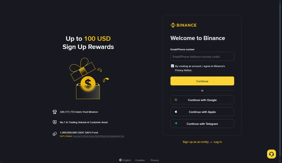Binance sign-up card with a single Email/Phone field, Continue button and Google/Apple/Telegram options