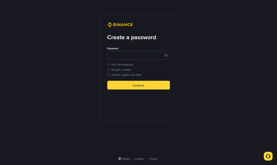 Binance Create a password screen showing the 8 to 128 characters, one number and one uppercase letter rules