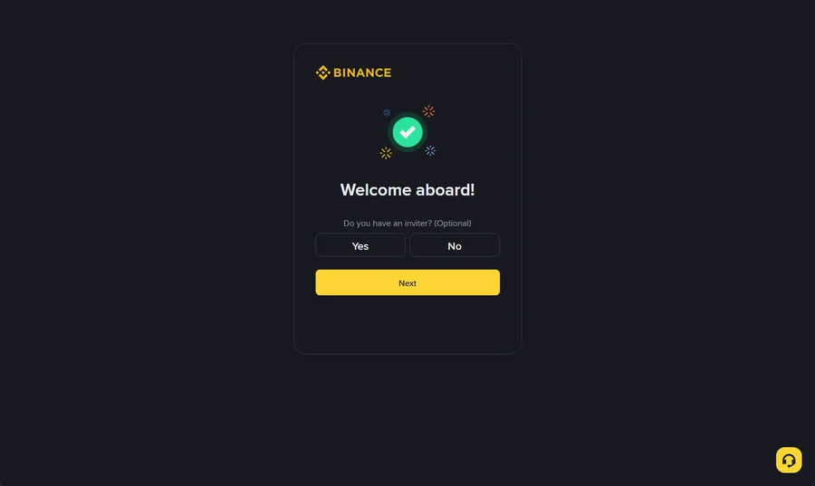 Binance Welcome aboard screen asking Do you have an inviter with Yes and No options