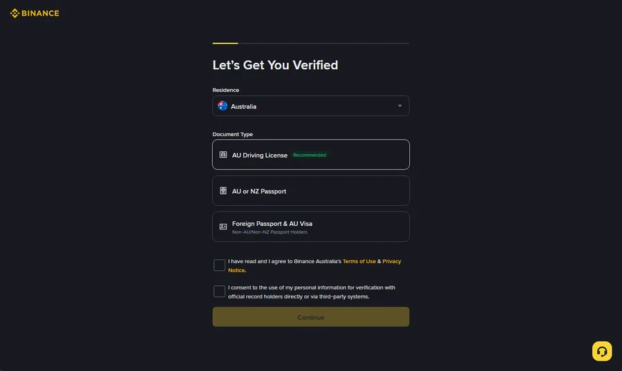 Binance identity verification screen with residence dropdown and document type options
