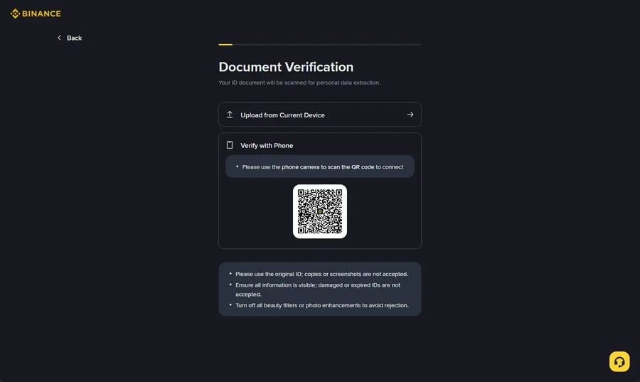 Binance Document Verification screen with Upload from Current Device and Verify with Phone QR code options