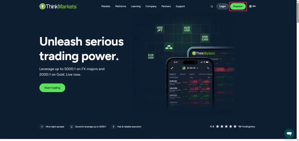 ThinkMarkets homepage showing the Register button