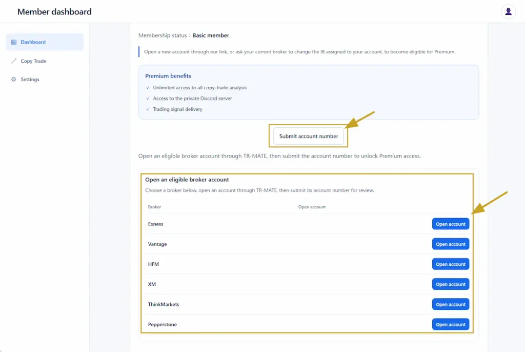 Bảng điều khiển thành viên TR-MATE cho thành viên Basic, nổi bật nút Submit account number và Open account cho broker đủ điều kiện