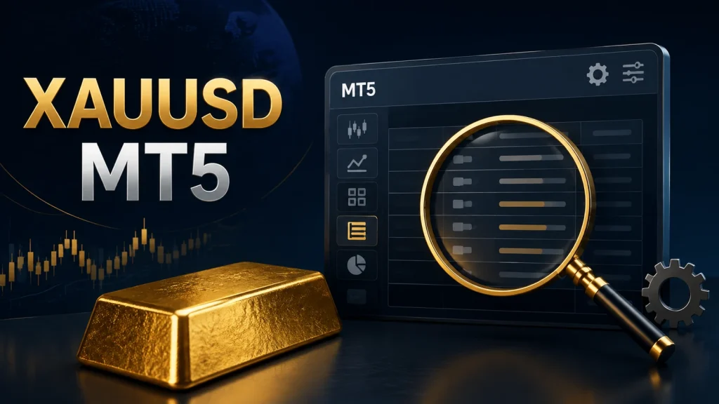Gold ingot and magnifying glass illustrating XAUUSD contract specifications in MT5