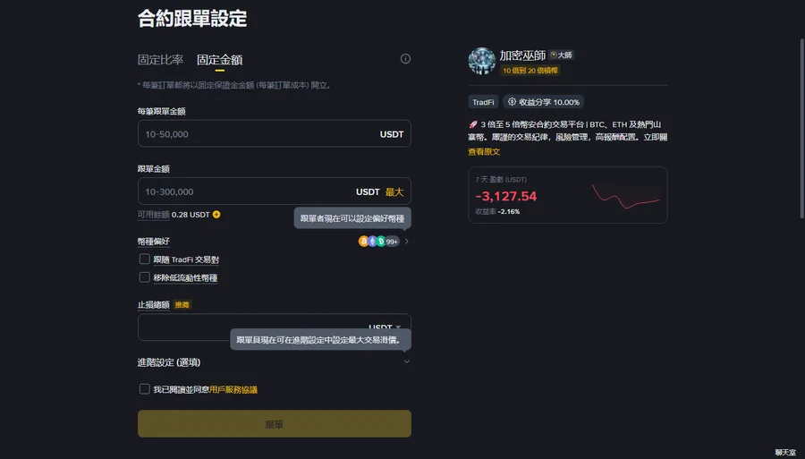 幣安合約跟單設定頁面，已選擇固定金額模式