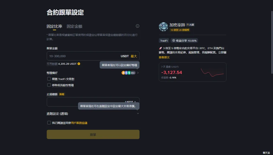 幣安合約跟單設定頁面，已選擇固定比例模式，顯示跟單金額與整體止損欄位