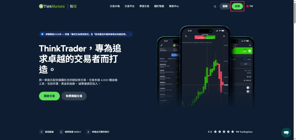 ThinkMarkets 官網首頁,顯示「註冊」按鈕位置