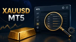 金條與放大鏡示意在 MT5 檢查 XAUUSD 黃金合約規格